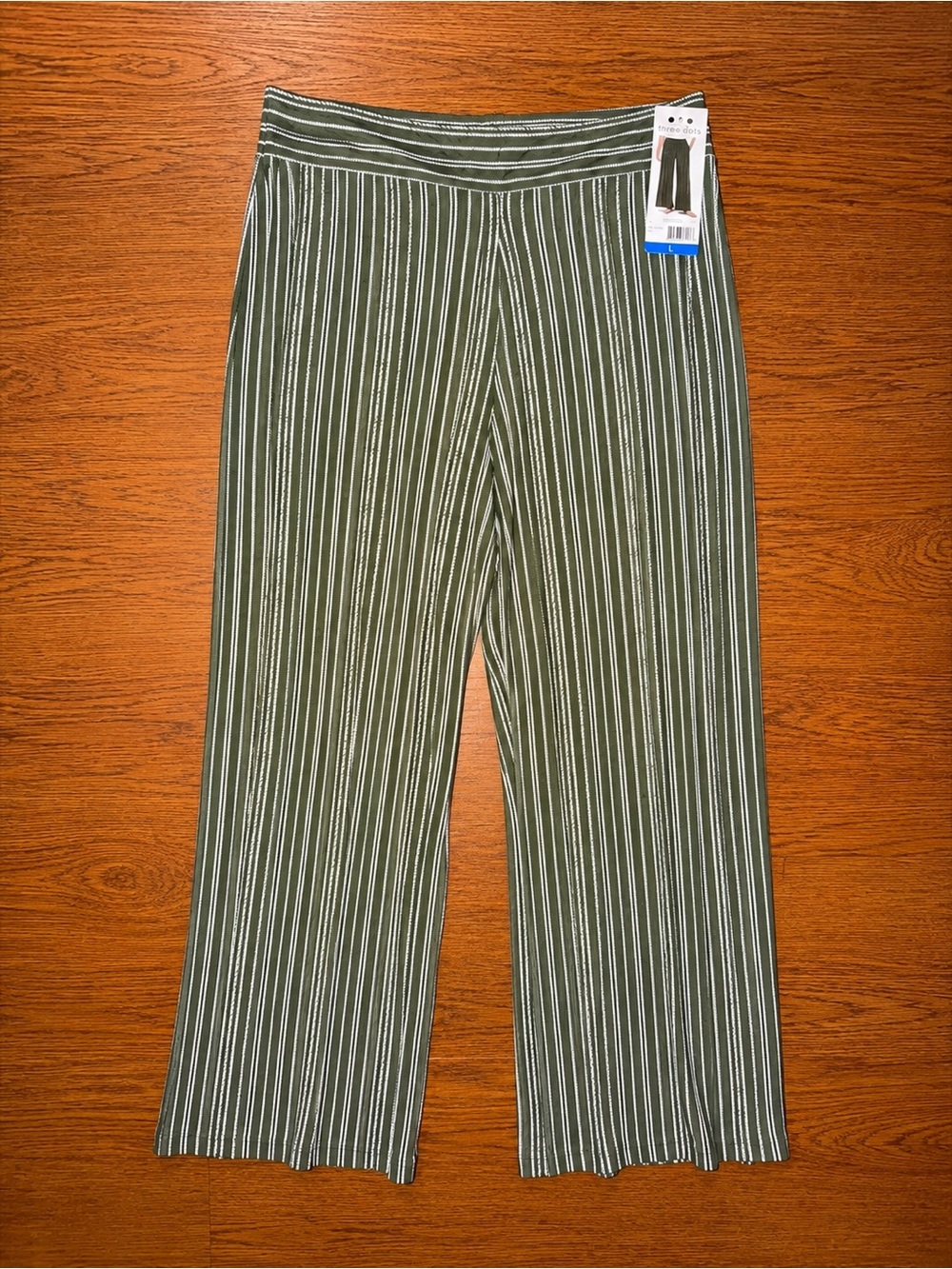Three Dots Olive Green and White Striped Wide-Leg Pants Sz L NWT